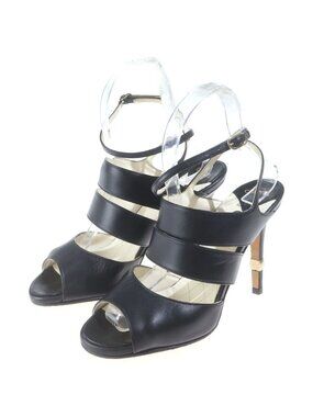 Chanel CC Logo Heels Leather Sandals Shoes Open Toe Black